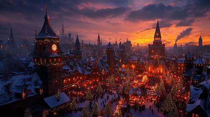 Obraz premium A Medieval Town Center Decorated for the Holidays at Sunset