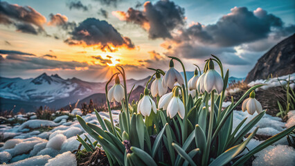 The sun's rays break through the clouds, illuminating the blooming snowdrops in the mountains.