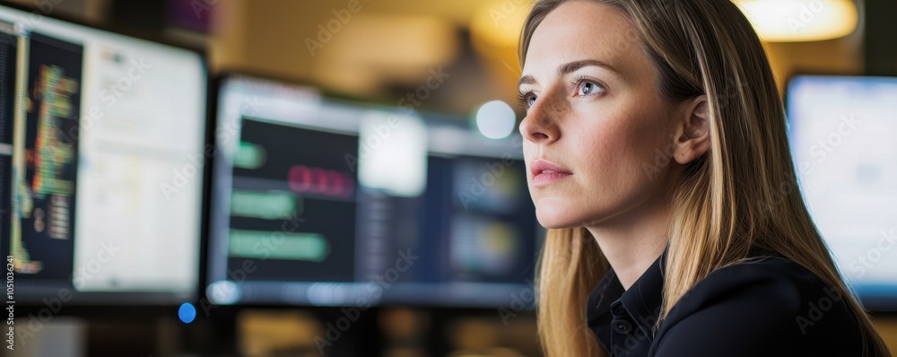 Poster focused woman analyzing data on multiple computer screens in an office environment.