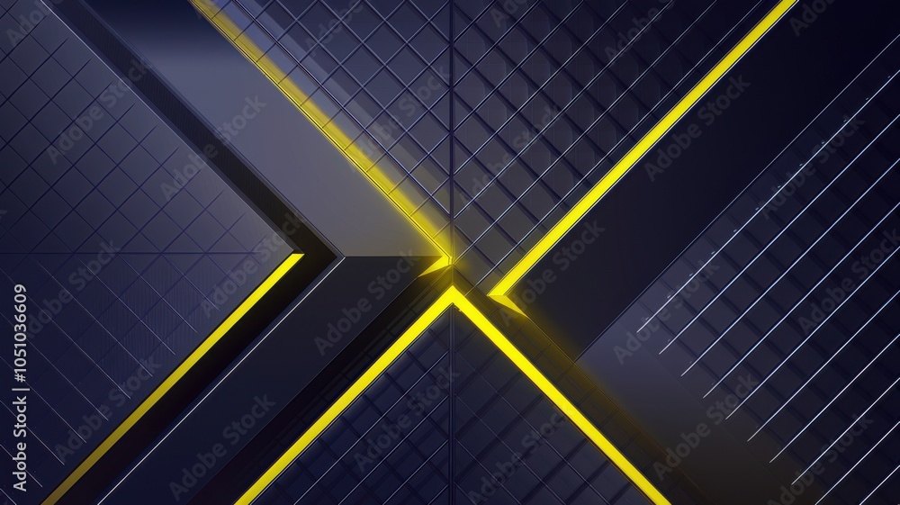 Poster abstract geometric pattern with yellow lines on a dark grid background.