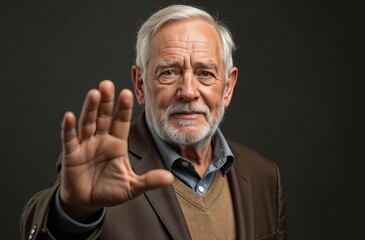 Fototapeta premium Elderly man making stop gesture with hand over isolated black background. Warning expression with negative and serious gesture on the face. Gray haired grandfather in brown jacket