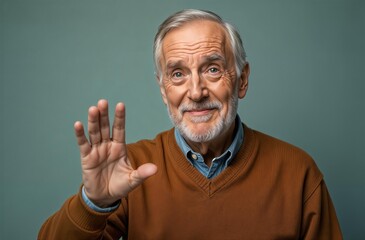 Elderly man making stop gesture with hand over isolated gray background. Warning expression with negative and serious gesture on the face. Gray haired grandfather in brown pullover