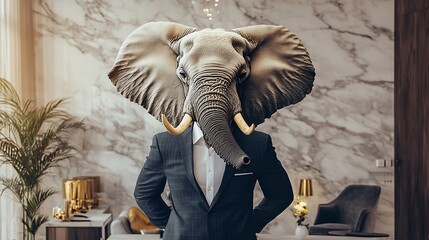 Elephant in Business Suit in Modern Office Setting