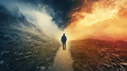 Obraz premium A hiker choosing between two mountain trails, one bathed in light and the other covered in fog and storms. generative ai