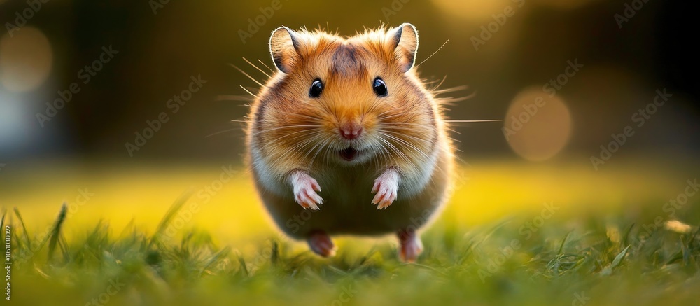 Poster a small hamster with brown fur is jumping in the air with its paws outstretched in front of it. the 