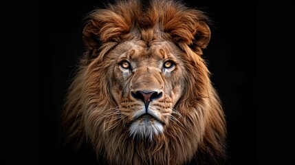 Fototapeta premium lion, facing the camera, front view, symmetrical, dark background
