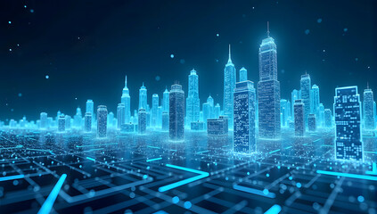 Lowpoly 3D wire mesh of a smart city An intelligent building automation system concept with Futuristic city skyline, digital wireframe buildings, neon blue glow