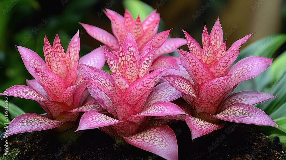 Wall mural closeup of three pink bromeliads with white spots, growing in a garden.