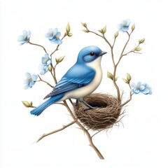 Obraz premium Charming Bluebird Perched on a Nest Amid Blossoming Cherry Branches