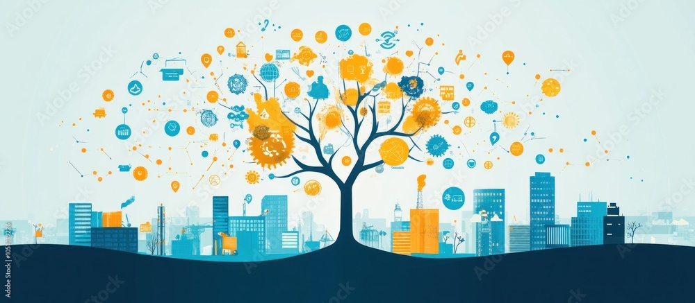 Poster a tree with many abstract icons growing out of its branches stands in front of a cityscape.