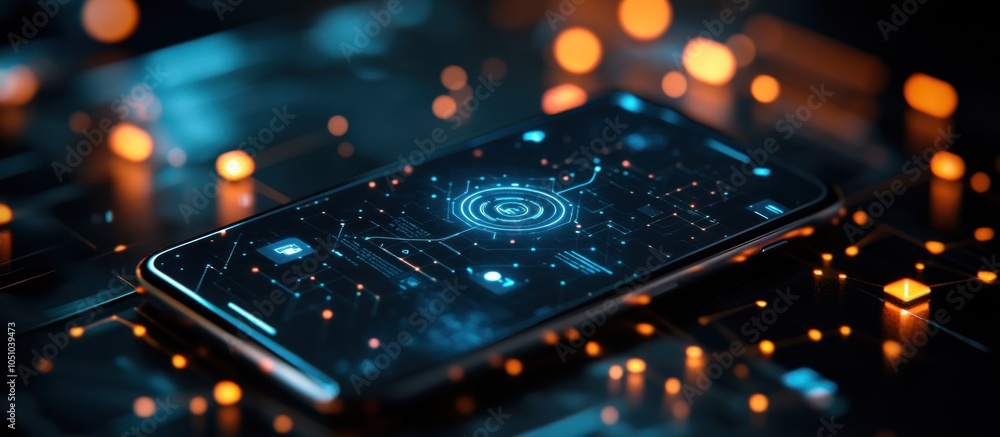 Wall mural a futuristic smartphone with a glowing blue interface on a dark background with orange lights.