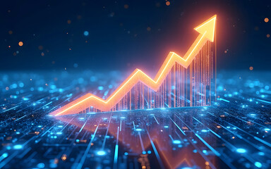 Illustration of a business arrow showing upward growth line and circuit technology on a dark blue background Depicts business investment, growing succes