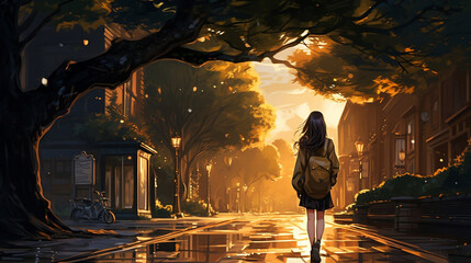 Fototapeta premium Twilight Walk: Anime School Adventure