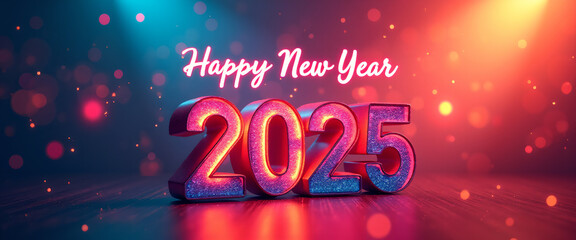 Happy New Year 2025: Sparkling Typography on Wooden Background