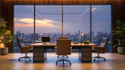 Fototapeta premium Modern office with city skyline view at sunset.