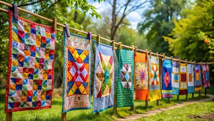 Naklejka premium Colorful quilt hanging on clothesline