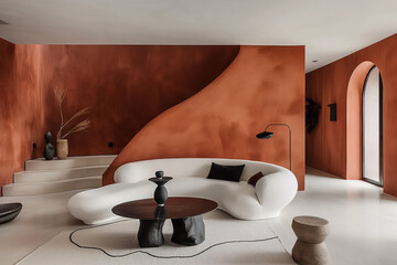 Contemporary space with a burnt-orange accent wall, paired with a curved, cream-colored sofa arrangement and minimalist black-and-white décor.