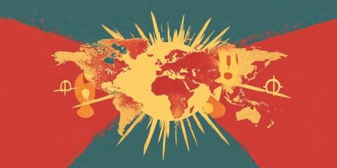 Obraz premium Abstract flag with world map and symbols.