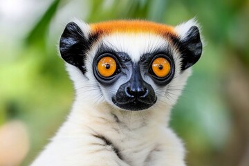 Obraz premium Close-up of a lemur with striking orange eyes.
