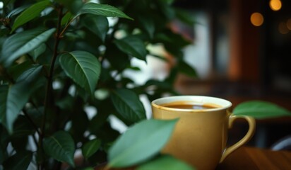 Cozy Coffee Moment Surrounded by Fresh Greenery in a Café Setting