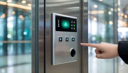 Naklejka premium Sleek Touchless Elevator Control Panel Enhancements in Contemporary Business Lobby