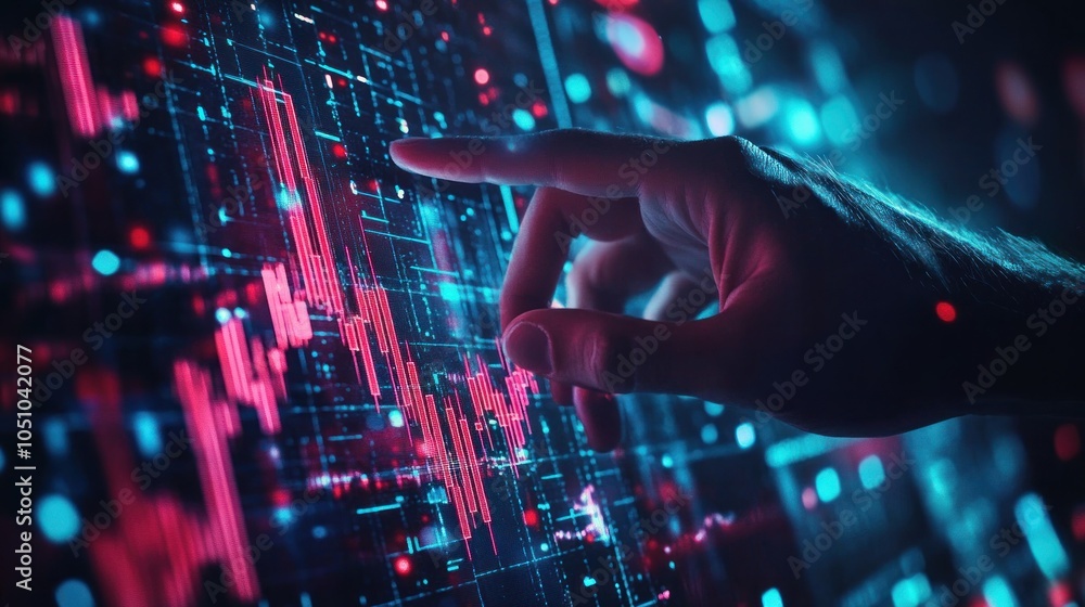 Poster digital interface with red charts and a hand interacting