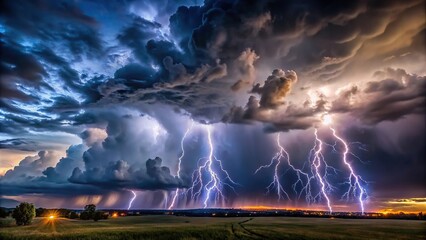 Fototapeta premium dark stormy night with thunder and lightning, panoramic view of heavy storm
