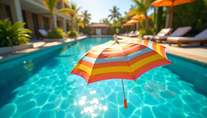 Colorful Striped Umbrella Floating in Resort Pool: Summer Fun