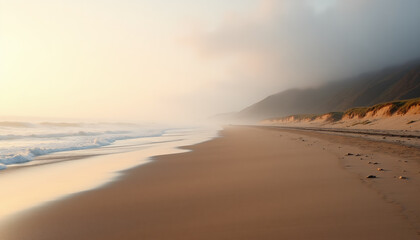 Obraz premium Hazy Sunrise Over a Deserted Sandy Beach with Rolling Waves