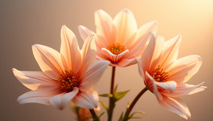 Obraz premium Three Peach Dahlia Flowers in Soft Sunlight: Elegant Floral Photography