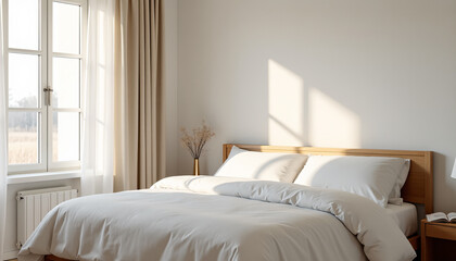 Minimalist Bedroom with Wooden Bed, Soft Lighting, and Window View