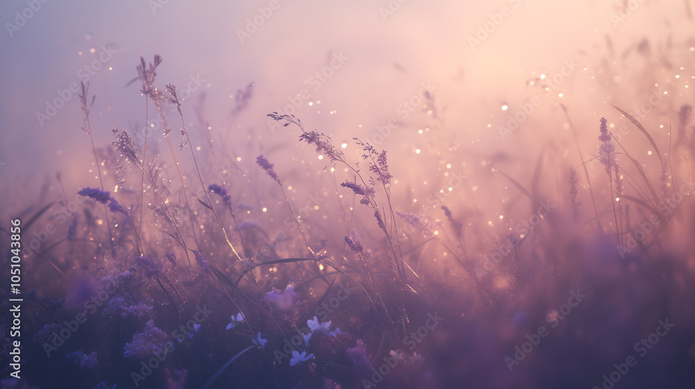 Sticker A landscape view of a dew-kissed meadow at dawn, symbolizing new beginnings, with mist floating over the grasses and flowers beginning to open.