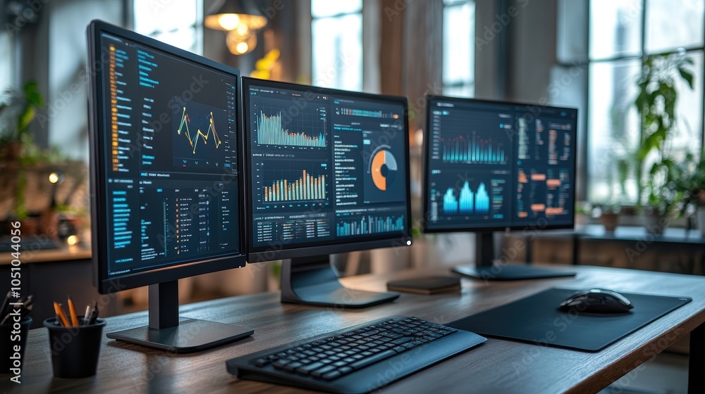 Poster modern workspace with multiple monitors displaying data visualization and analytics