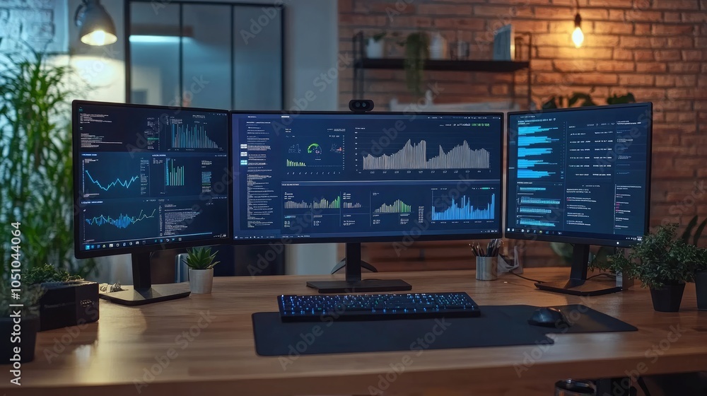 Poster modern workspace with triple monitor setup for data analysis and visualization
