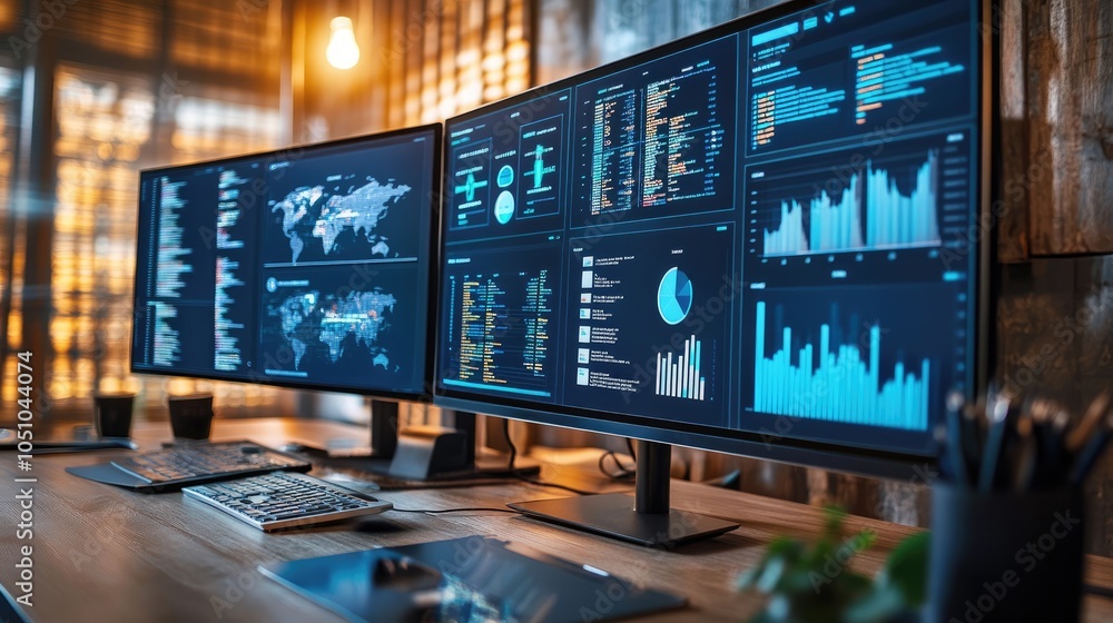 Poster advanced data visualization exploring the insights of modern analytics through multi-monitor setups