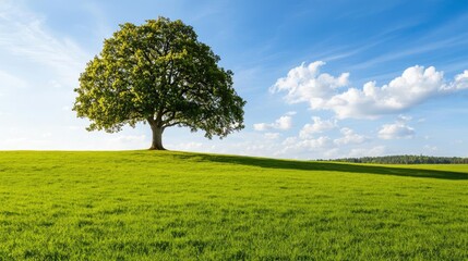 Obraz premium Lone tree on a green hill under a blue sky with clouds.