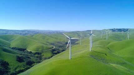 Harnessing renewable energy the scenic beauty of wind turbines on lush green hillsides
