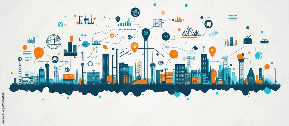 Aufkleber abstract illustration of a city skyline with connecting lines and data points, representing innovati