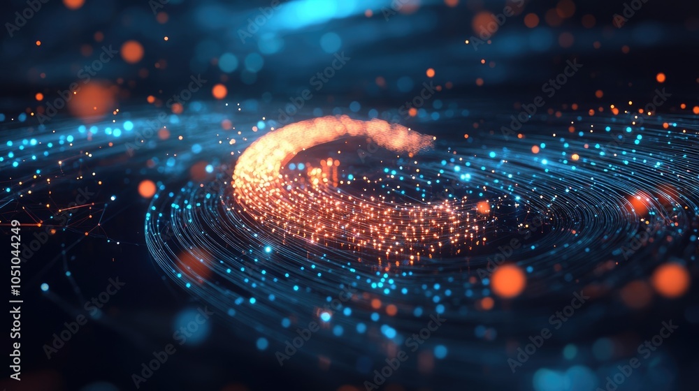 Poster dynamic motion of light particles in a cosmic swirl exploring the intersection of technology and art