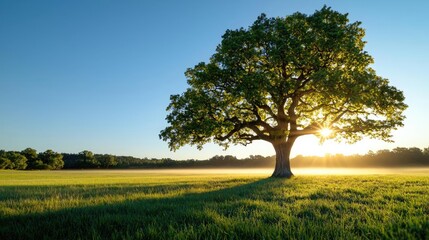 Lone tree standing majestically in a sunlit field during sunrise.