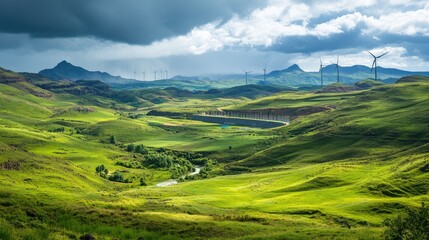 Obraz premium Breathtaking green valleys and wind turbines under dramatic skies a panoramic view of nature's majesty
