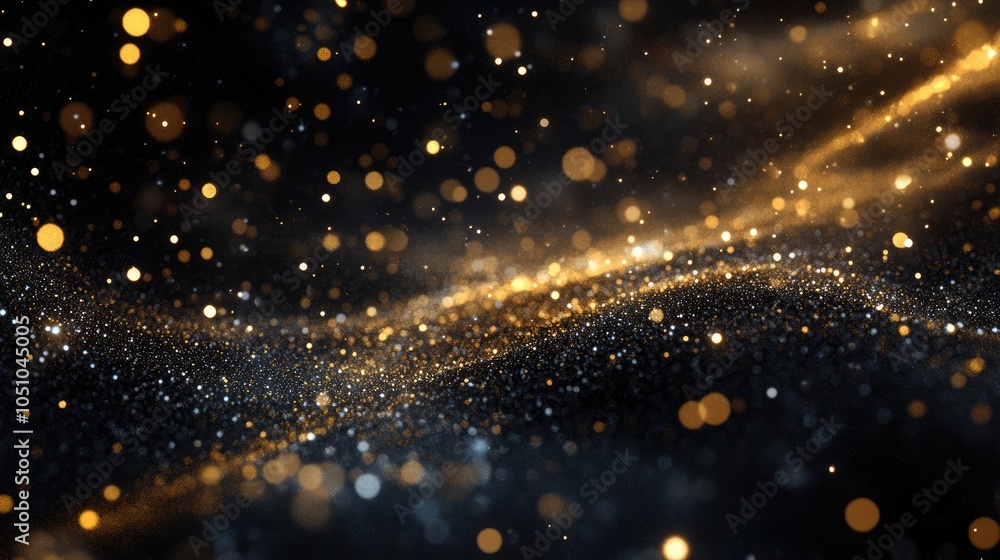 Poster a mesmerizing display of golden particles dancing in a cosmic space of light and color