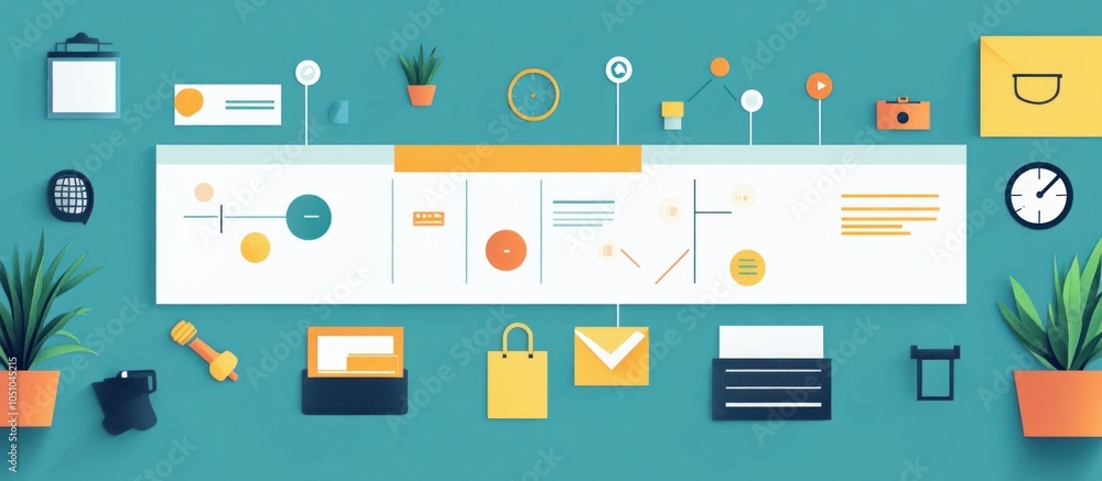 Aufkleber a flat design illustration of a timeline with icons and graphics for different stages of a project.