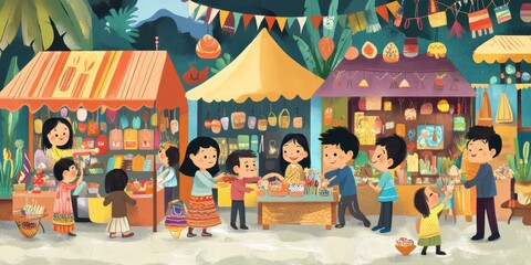 Children shopping at colorful market stalls.