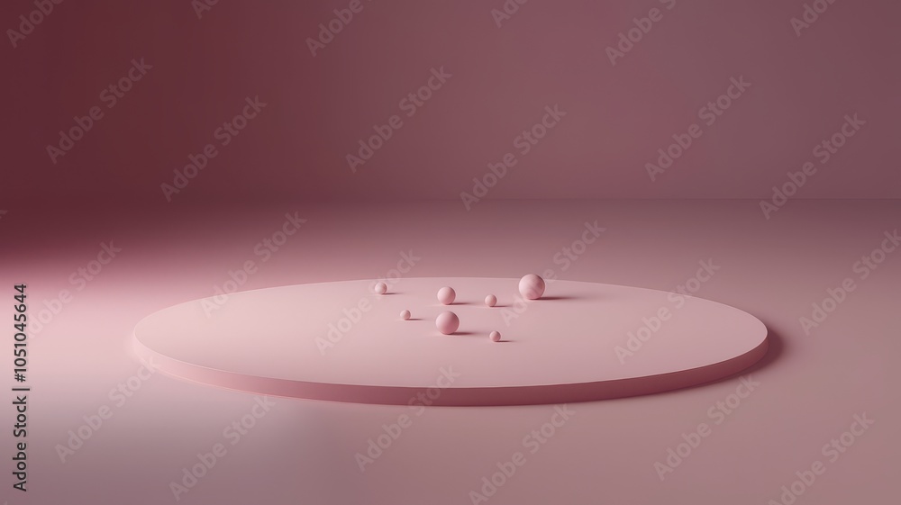 Poster minimalistic pink composition with round platform and small objects, soft lighting.