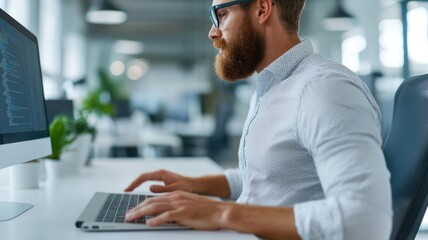 Fototapeta premium Office worker doing posture exercises with ergonomic tools, preventing muscle strain and improving wellness