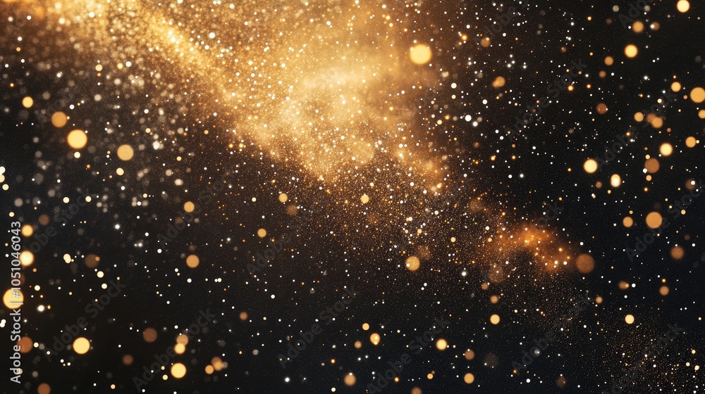 Poster a stunning display of golden particles creating a celestial atmosphere in a dark background