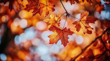 Obraz premium Vibrant Fall Leaves on a Branch with Bokeh Background - Nature Photography