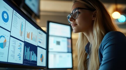 Data analysis in action a professional woman engaging with advanced analytics and insights for business growth