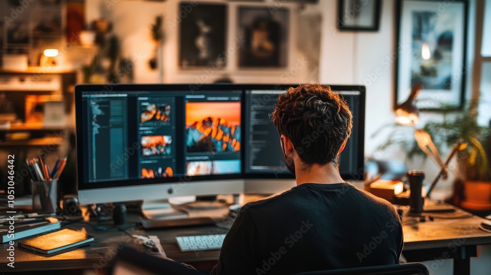 Poster a creative workspace exploring the intersection of design and technology in a modern home office env